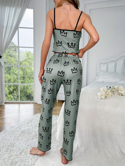 Relaxed Fit Crown Print Pajama Set for Women - Comfortable Round Neck Backless Crop Cami Top & Pants, Soft Summer Nightwear for a Restful Sleep, Breathable Fabric, Easy Care