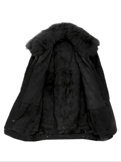 Vintage Style Women'S Faux Fur Collared Denim Jacket, Non-Stretch Woven Fabric, Fall/Winter Warm Outerwear