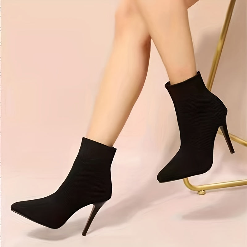 Women's Fashion Knit Socks Boots, Casual Pointed Toe Solid Color Slip On High Heels, Causal & Breathable Ankle Boots