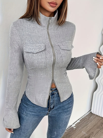 Elegant Long Sleeve Knit Jacket = Elegant Long Sleeve Knit Polyester Jacket with Dual Zipper and Lapel Collar Casual Chic