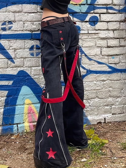 Women'S Y2k Gothic Punk Wide Leg Pants, Cotton Blend, Sexy Solid Color, with Chain Detail, for All-Season Woven Workwear Trousers
