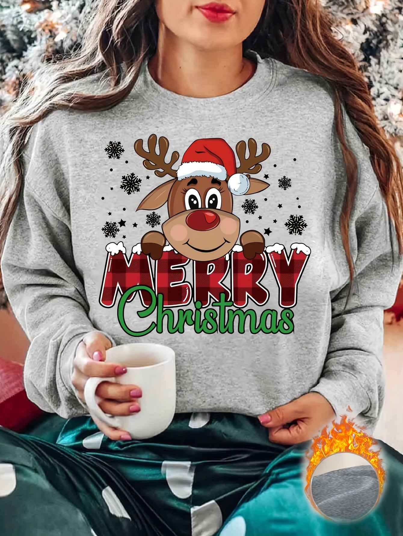 Cozy Festive Reindeer Sweatshirt - Soft 100% Polyester Knit Fabric, Vibrant Cartoon Print Design, Long Sleeve Pullover for Fall/Winter, Casual Crew Neck Style, Perfect for Holiday Parties and Gift Giving