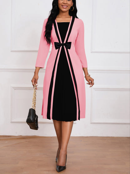Plus Size Chic Colorblock Dress - Flattering Cinched Waist & Long Sleeves - Versatile Elegance for Any Occasion, Ideal for Curvy Fashion