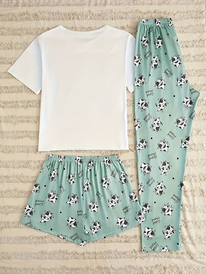 Women's Pajamas with Cow Print Three-Piece Set - LuxyXO