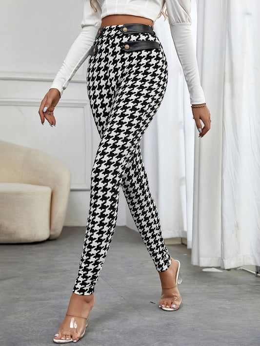 Chic Houndstooth Print High Waist Skinny Pants - LuxyXO