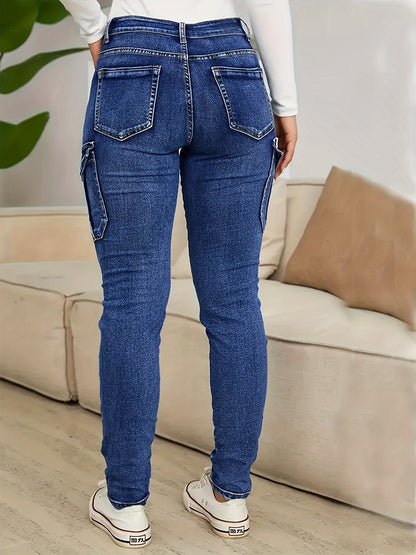 Pantalones vaqueros cargo ajustados de talla grande para uso diario: diseño favorecedor de cintura alta, bolsillo con solapa lateral, tela vaquera cómoda, pantalones vaqueros de moda para mujer y ropa informal para uso diario