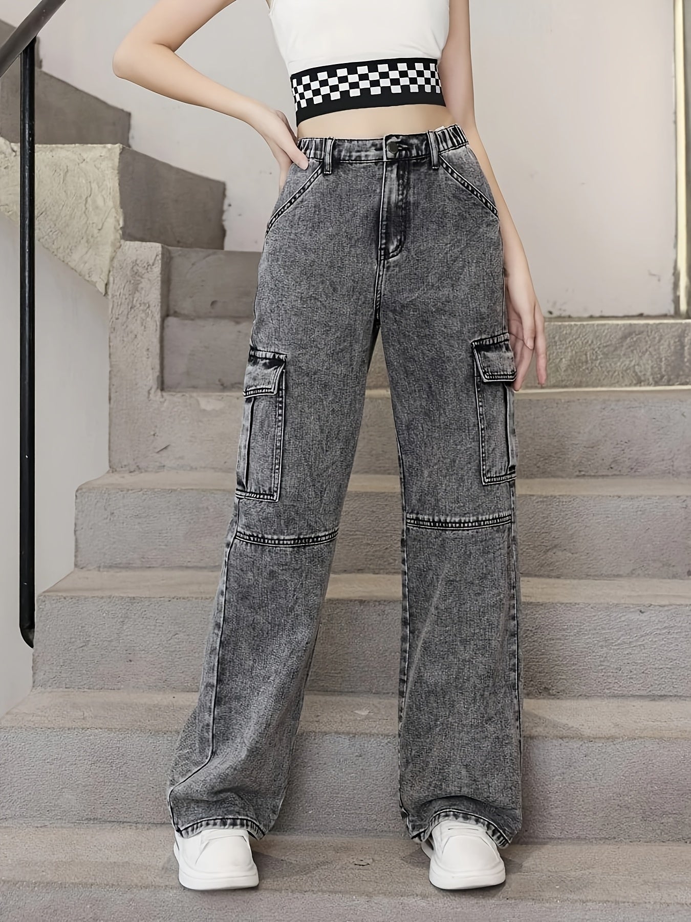 Pantalones vaqueros cargo elegantes de cintura alta y pierna recta para mujer: combinación cómoda, cierre de cremallera y botón con bolsillos, pantalones de mezclilla