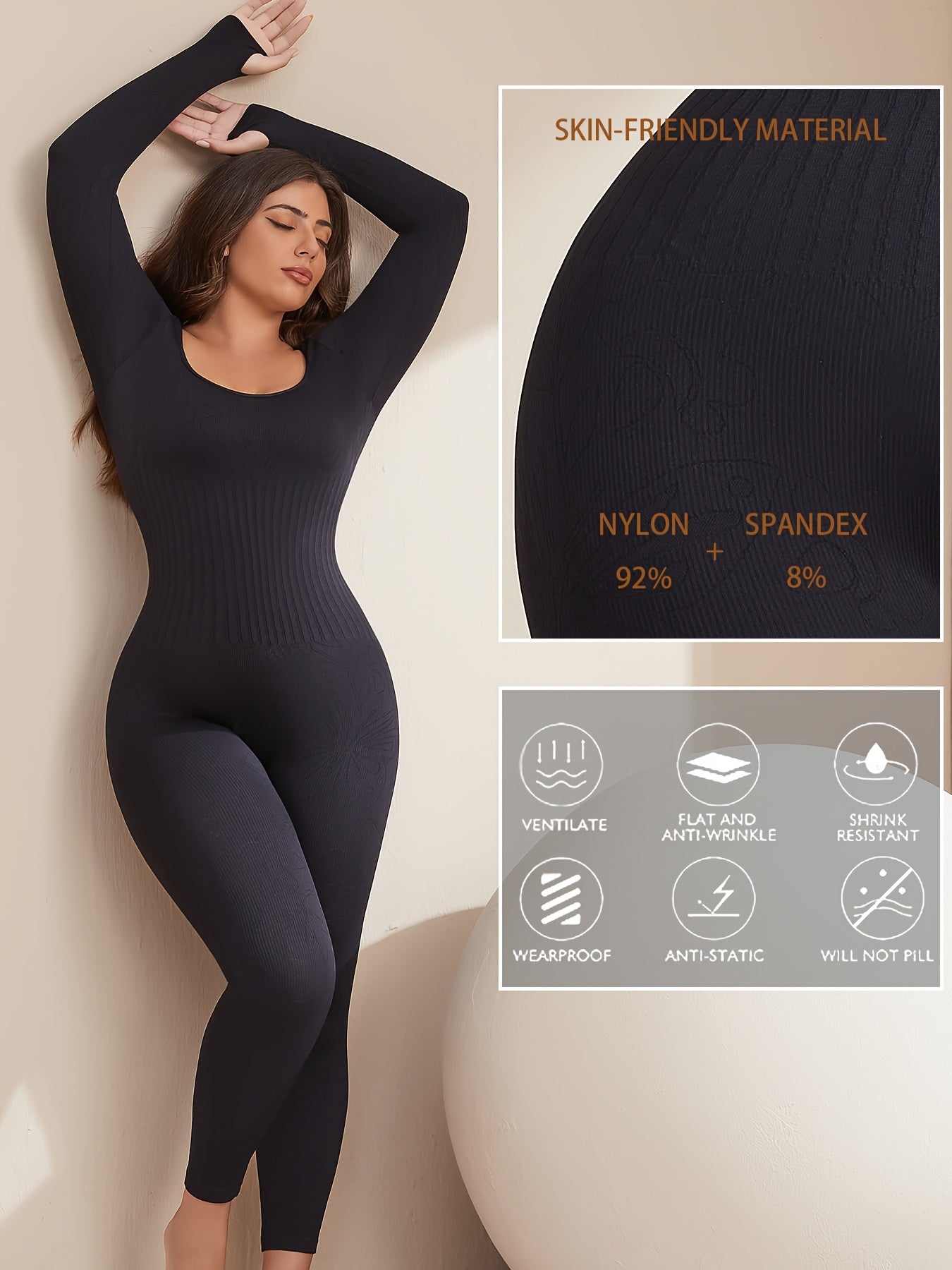 Plus Size Seamless Yoga Bodysuit - High Stretch, Long Sleeve, Solid Color Activewear Jumpsuit