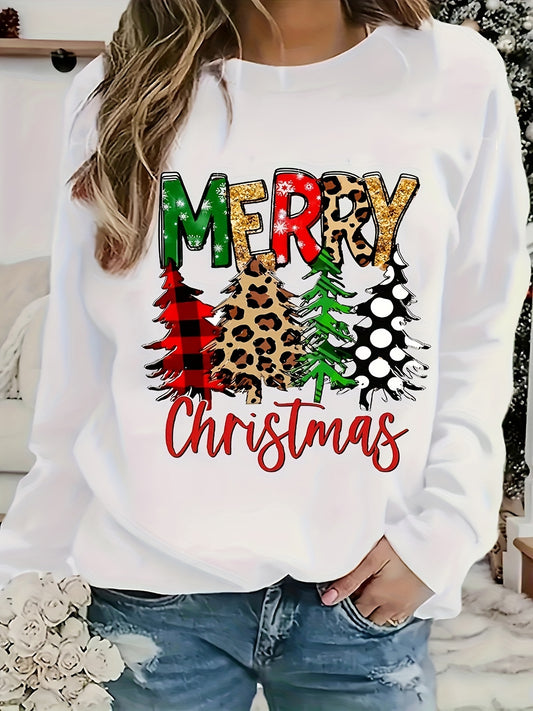 Sudadera acogedora con estampado de letras y árbol de Navidad: sudaderas de moda para mujer: suaves, informales, de manga larga, cuello redondo, esenciales para otoño e invierno con diseño festivo