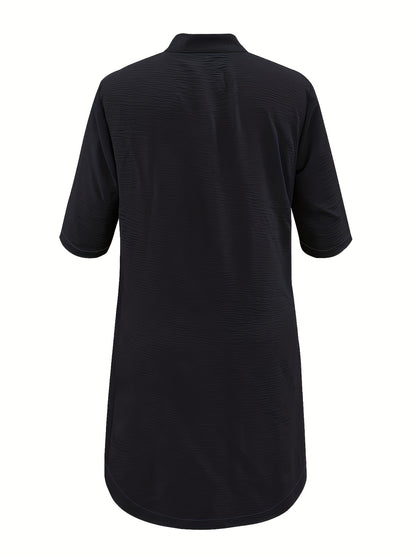 Midi Plus Size Elegant Shirt Dress - Stand Collar, Button-Up, Non-Stretch Polyester Fabric, Solid Color, Casual Weekend Wear, Machine Washable, No Belt or Chest Pad