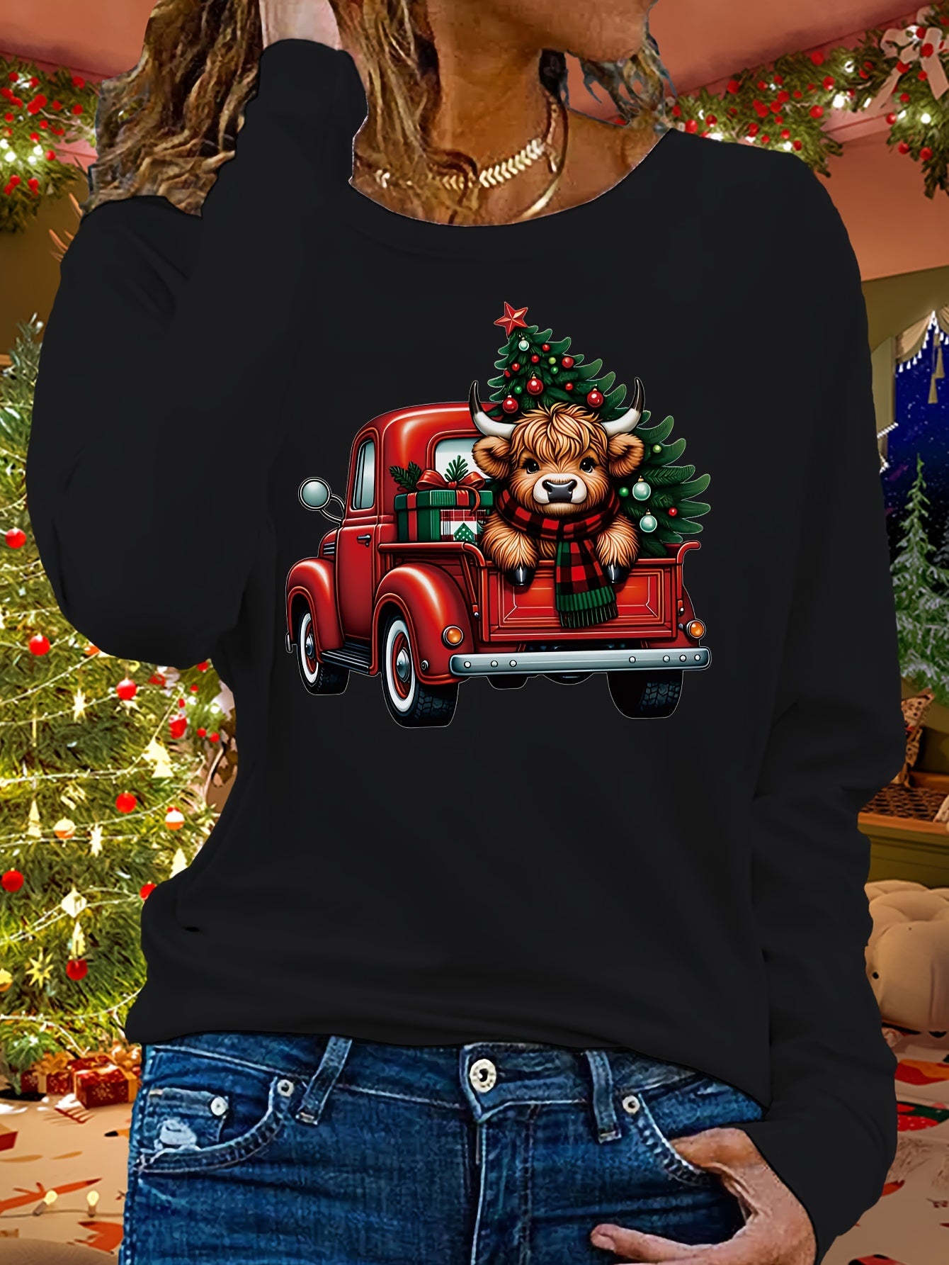 Casual Christmas Bear Applique Crew Neck Sweatshirt - 100% Polyester Knit Fabric with Medium Stretch, Long Sleeve Pullover for Fall