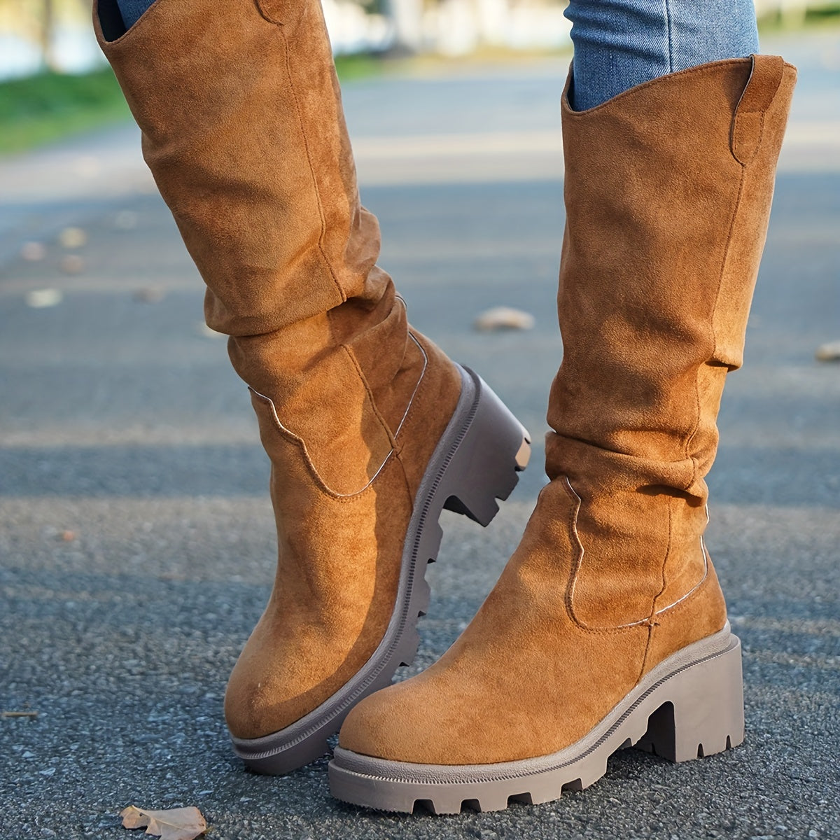[1 pieza de botas de media pantorrilla para mujer] Botas de media pantorrilla para mujer, de color sólido, sin cordones, con punta redonda, tacón de bloque, parte superior de tela, suela interior, tacón alto, suela de goma