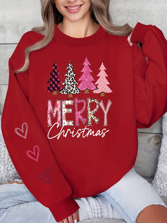 Women'S Festive Christmas Sweatshirt, Casual Pullover Crew Neck, Knit Polyester Fabric, Holiday Fashion Hoodie, Merry Christmas Tree Design, Spring/Summer/Autumn Season