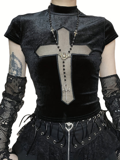 Women'S Gothic Y2K Sheer Knit Polyester Tunic with Geometric Cross Pattern, Stand Collar, Regular Length - Summer Party Streetwear Crop Top Pullover