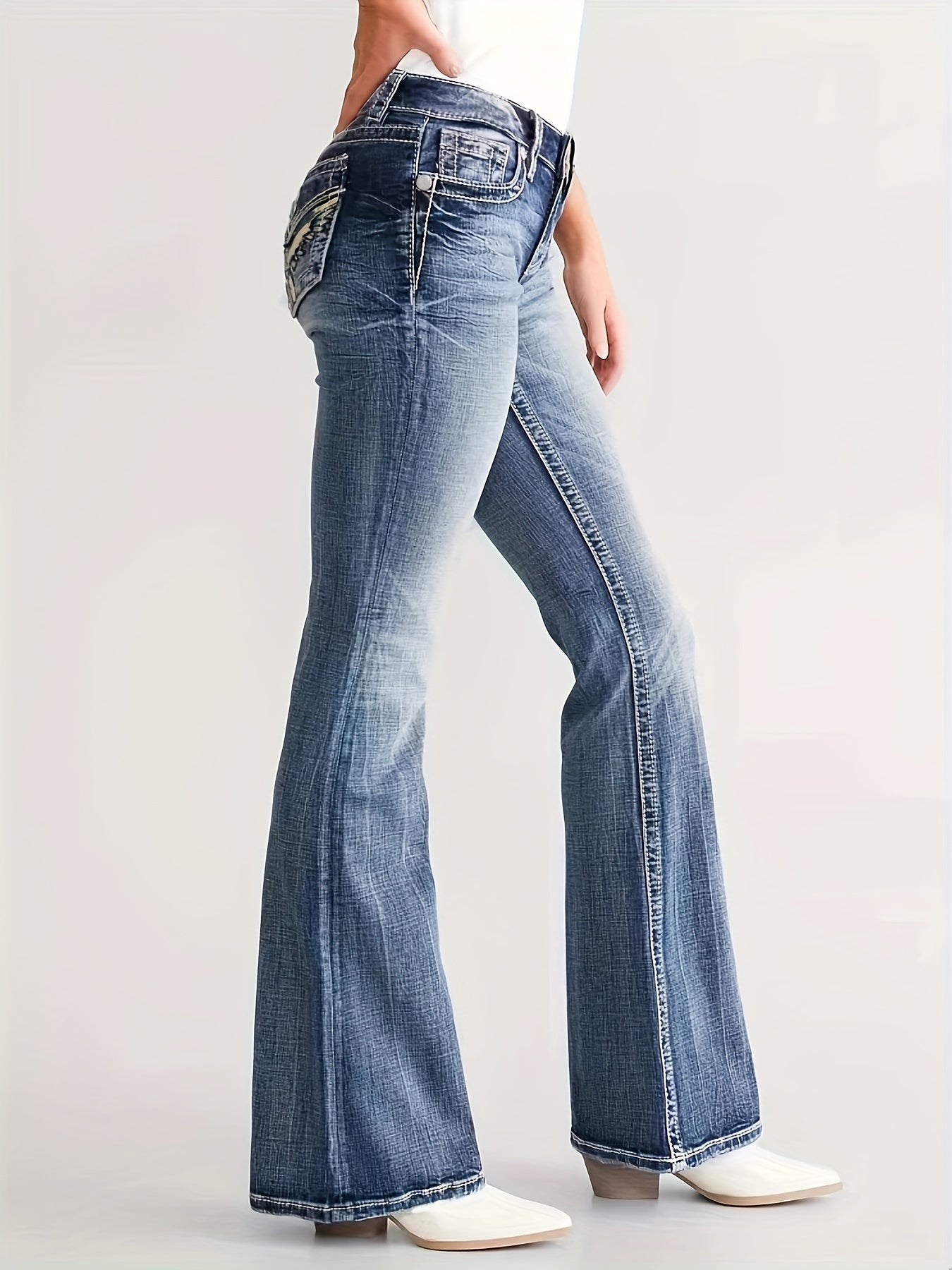 Women's High-Waisted Stretchy Jeans With Embroidered Floral Patter - LuxyXO