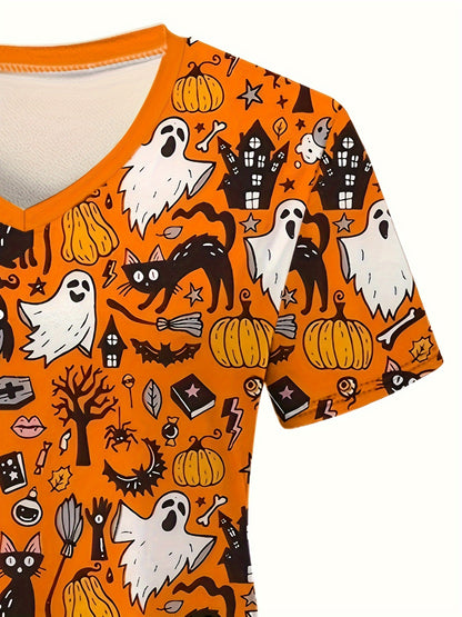 Halloween Printed V-neck Frosted Top, Comfortable Practical Medical Uniform Top, Perfect For Working In Hospitals And Dental Offices, Women's Overalls