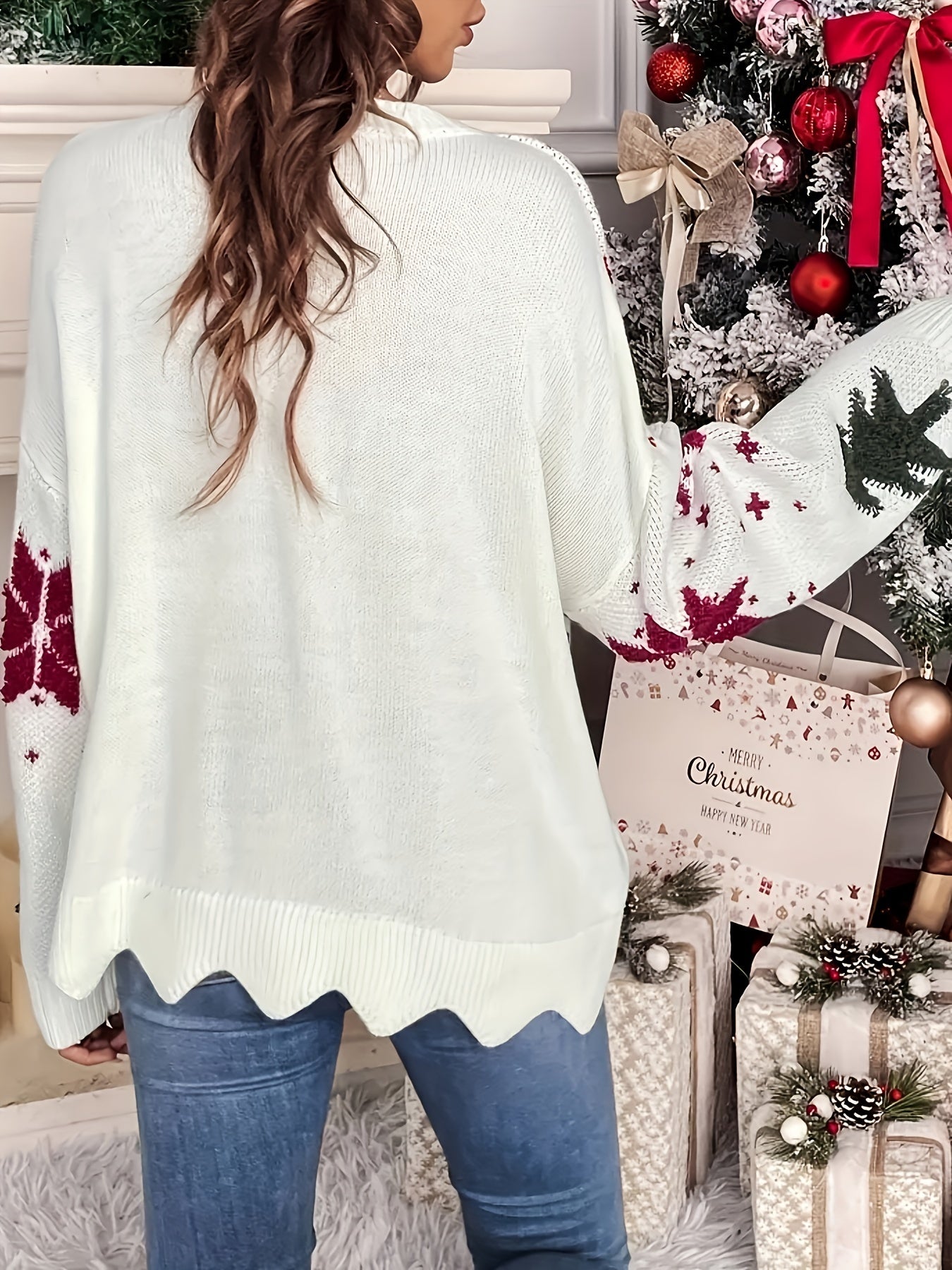 Suéter de manga larga con estampado de árbol de Navidad para otoño e invierno, ropa informal con ribete festoneado para mujer