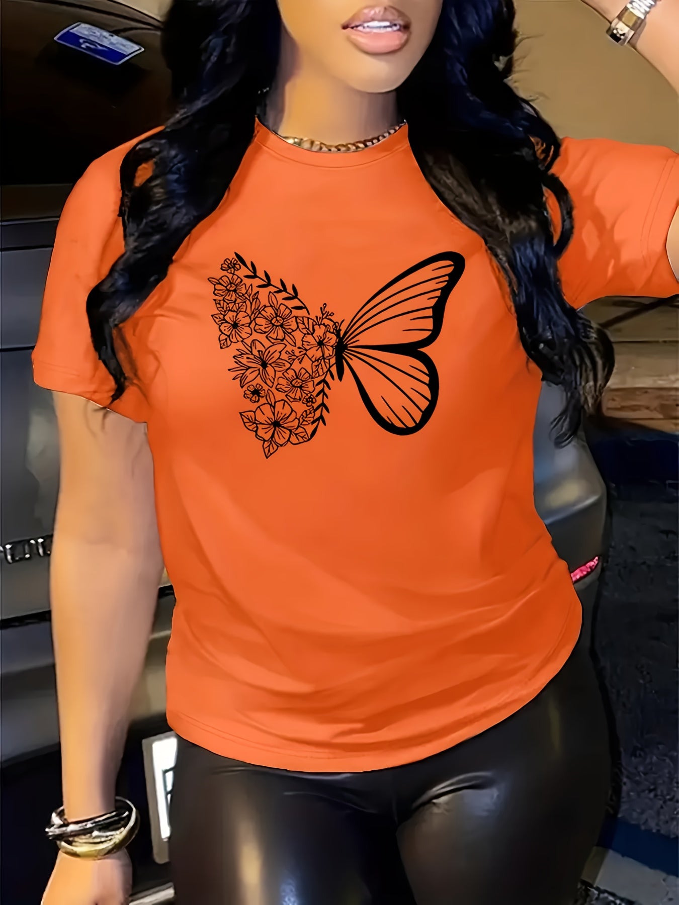 Butterfly Print Crew Neck Short Sleeve T-Shirt - Soft Mid-Elasticity Polyester Fabric, Machine Washable, Casual Style for Spring & Summer - Womens Regular Fit Clothing for Everyday Wear