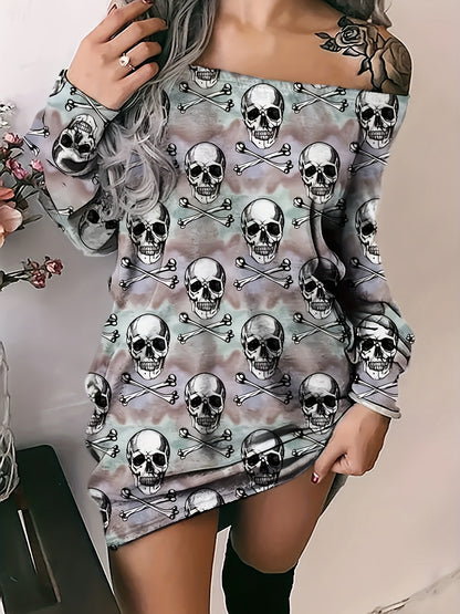 Minivestido ajustado con hombros descubiertos para mujer, poliéster de alta elasticidad, estampado de calaveras navideñas al azar, manga larga, sexy e informal, perfecto para todas las estaciones