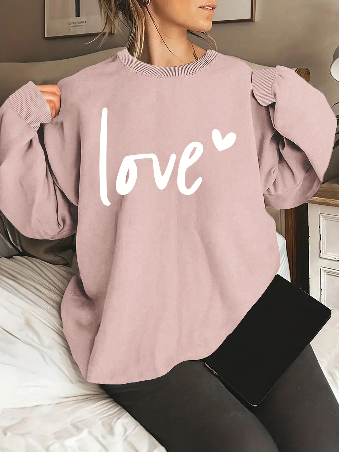 Sudadera con cuello redondo y estampado de letras Love de talla grande - Jersey de poliéster suave y ligeramente elástico para mujer - Básico informal para otoño y primavera con impresión de posicionamiento