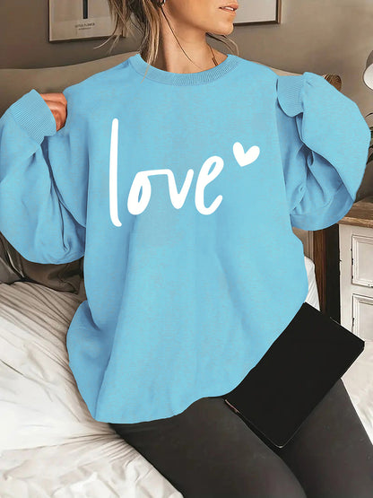 Sudadera con cuello redondo y estampado de letras Love de talla grande - Jersey de poliéster suave y ligeramente elástico para mujer - Básico informal para otoño y primavera con impresión de posicionamiento