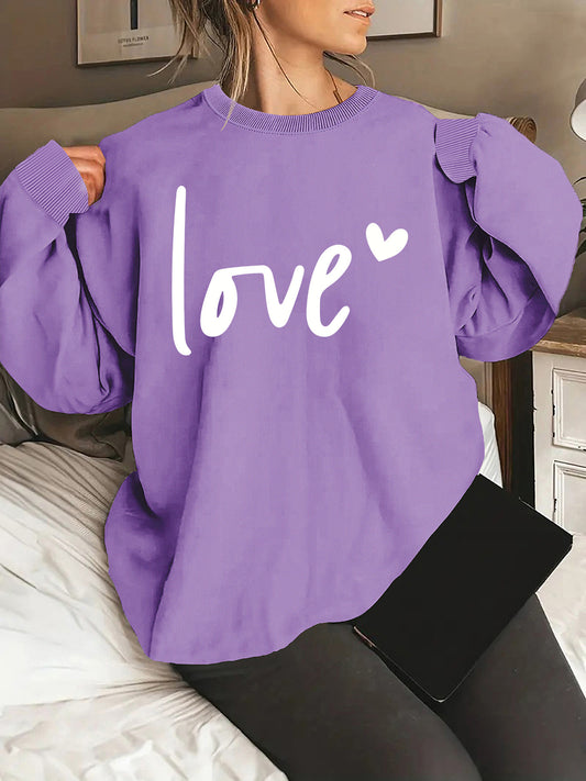 Plus Size Alphabets Love Print Crew Neck Sweatshirt - Soft Slight Stretch Polyester Pullover for Women - Casual Fall & Spring Essential with Positioning Printing