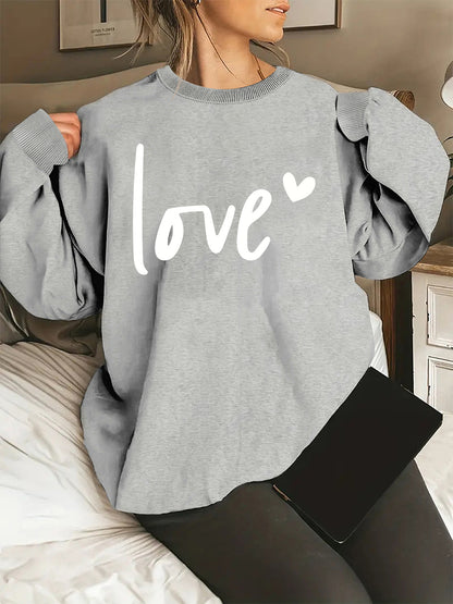 Sudadera con cuello redondo y estampado de letras Love de talla grande - Jersey de poliéster suave y ligeramente elástico para mujer - Básico informal para otoño y primavera con impresión de posicionamiento