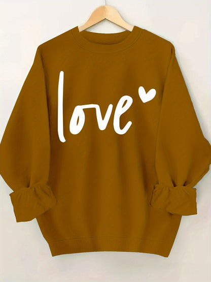 Plus Size Love Print Sweatshirt, Casual Long Sleeve Crew Neck Pullover Sweatshirt