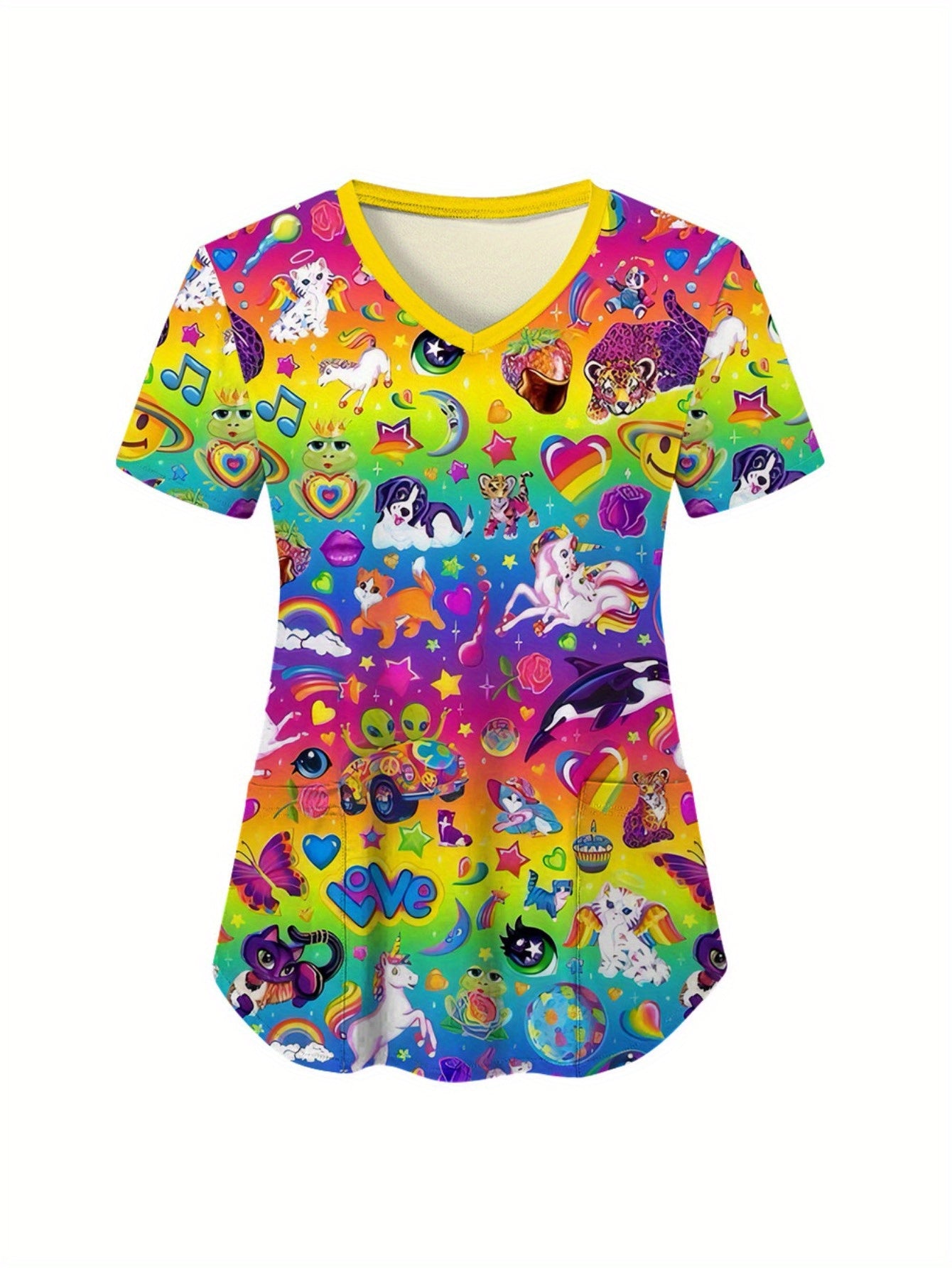 Vibrant Cartoon Print Scrub Top - Soft, Breathable, and Comfortable Healthcare Uniform for Women - Perfect for Pediatricians, Dentists, and Medical Professionals Working with Children