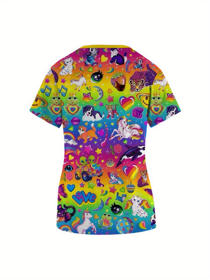 Vibrant Cartoon Print Scrub Top - Soft, Breathable, and Comfortable Healthcare Uniform for Women - Perfect for Pediatricians, Dentists, and Medical Professionals Working with Children