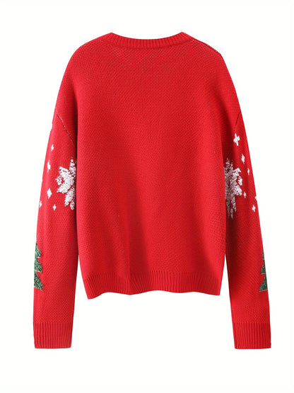 Cozy Christmas Pattern Crew Neck Sweater - Soft, Casual, Long Sleeve, Warm, Fall & Winter Essential - Women's Comfortable Clothing for Holiday Season