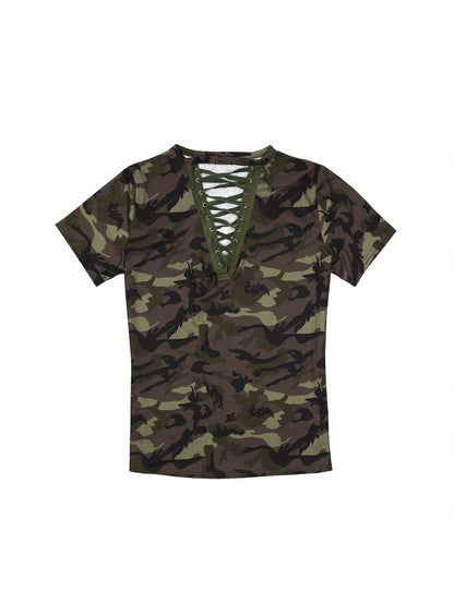 Women Short Sleeve T-Shirt Camouflage Print V-Neck Tops, Lace Up Thin Top Clothes