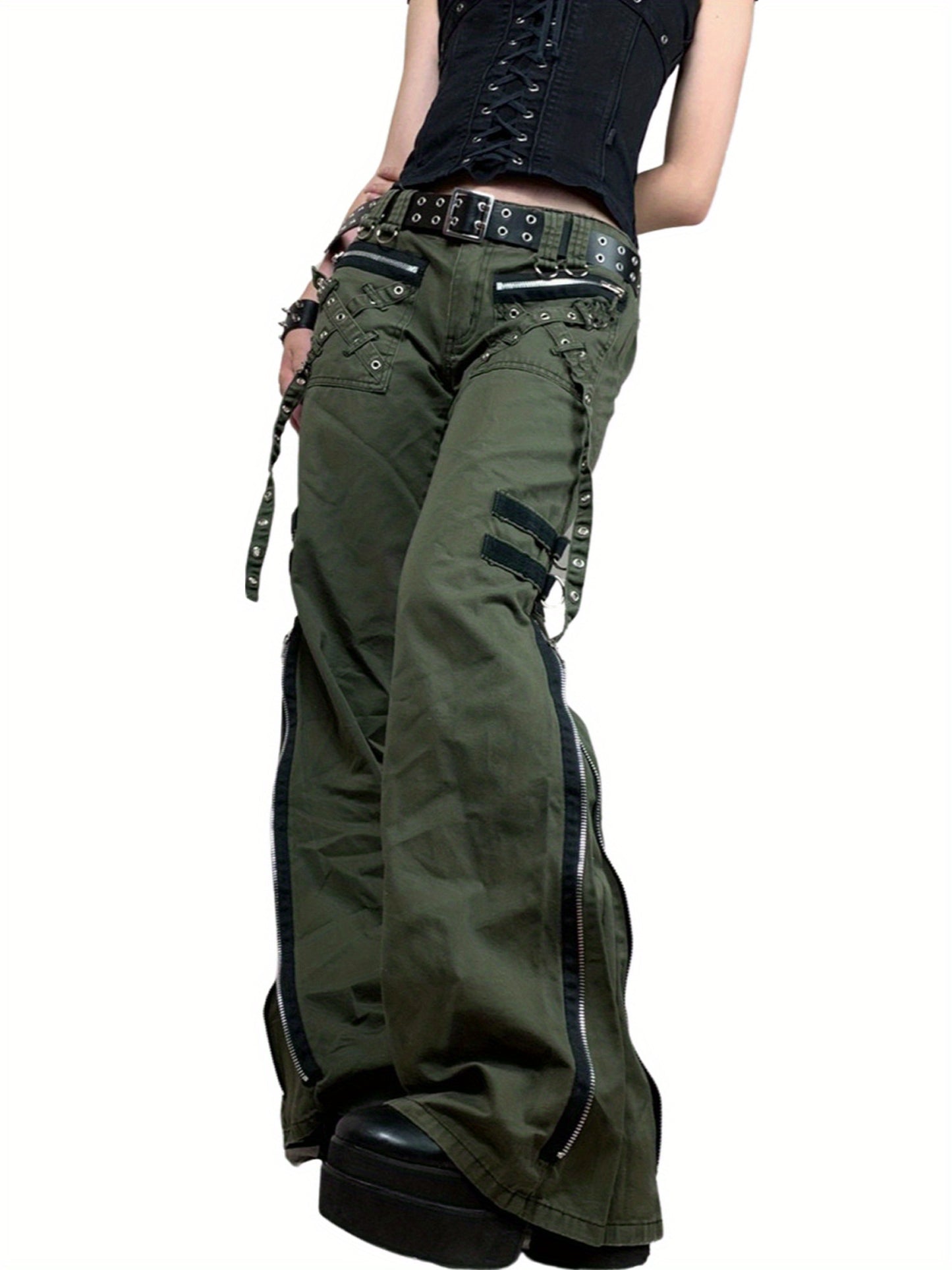 Women Juniors Cargo Pants Punk Low-Waist Zipper Fly Casual Pants with Pockets for Teen Girls