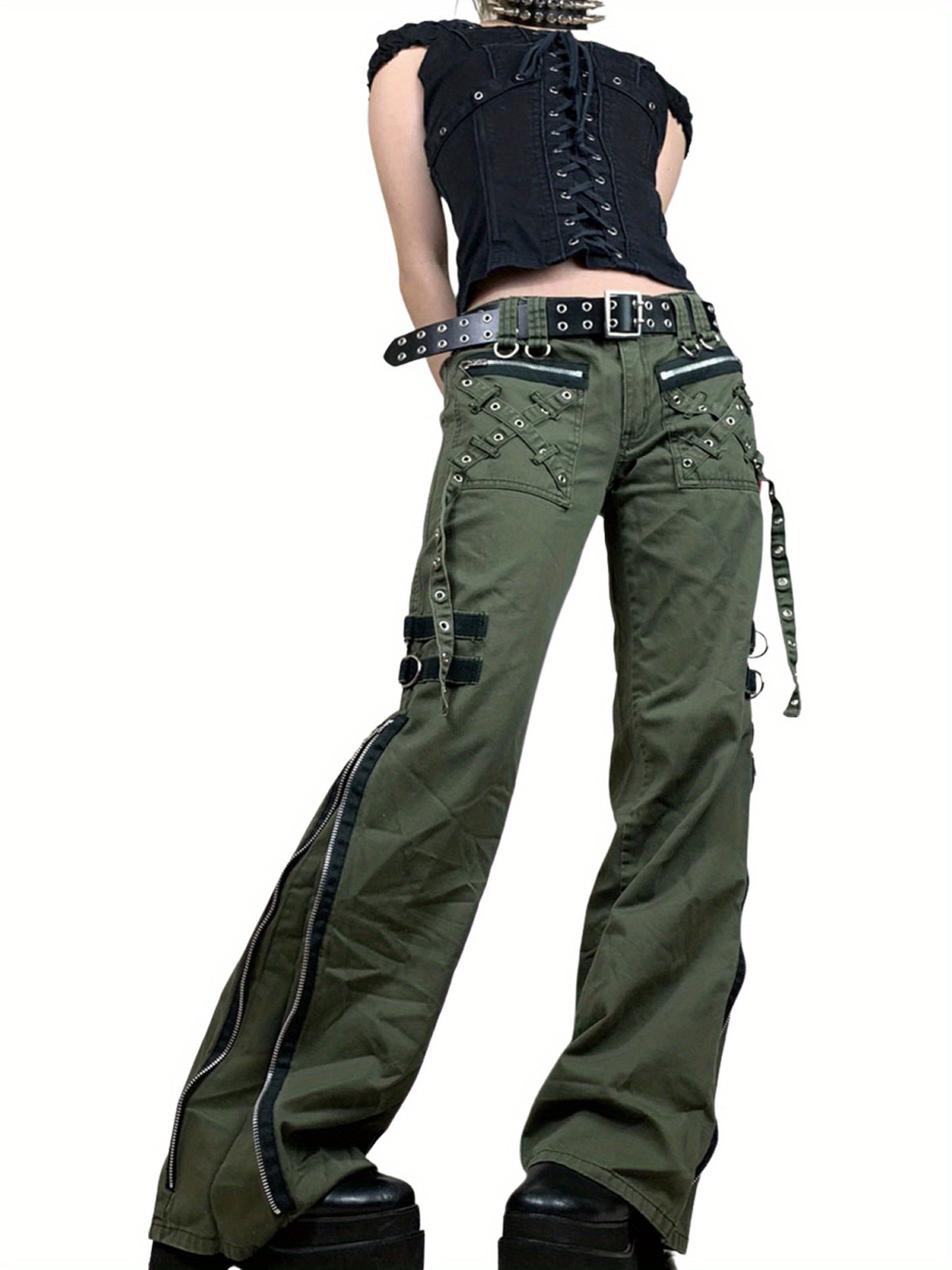 Women Juniors Cargo Pants Punk Low-Waist Zipper Fly Casual Pants with Pockets for Teen Girls