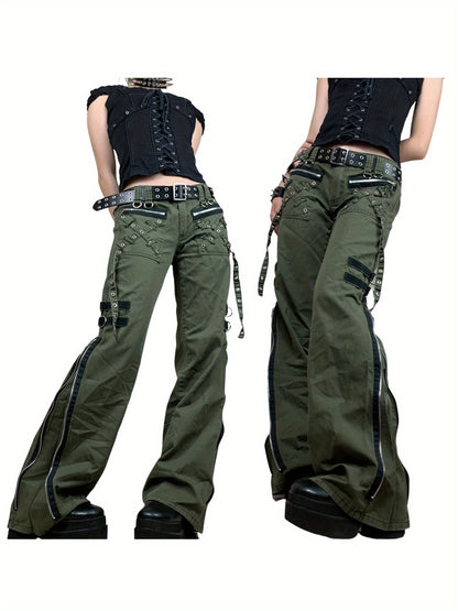 Women Juniors Cargo Pants Punk Low-Waist Zipper Fly Casual Pants with Pockets for Teen Girls