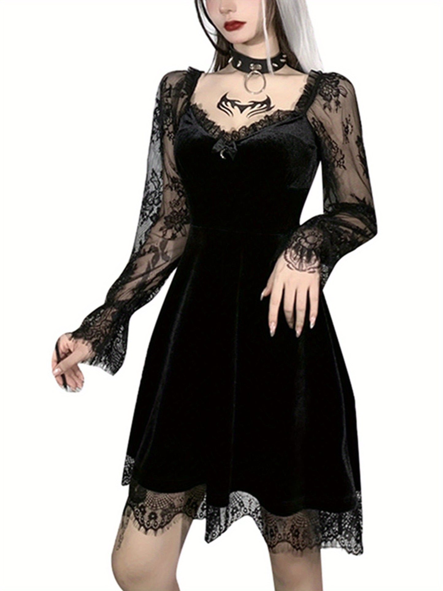 Lady Dark Elf Costume Gothic Style Lace Dress Vintage Fashion Black and Red S-M-L