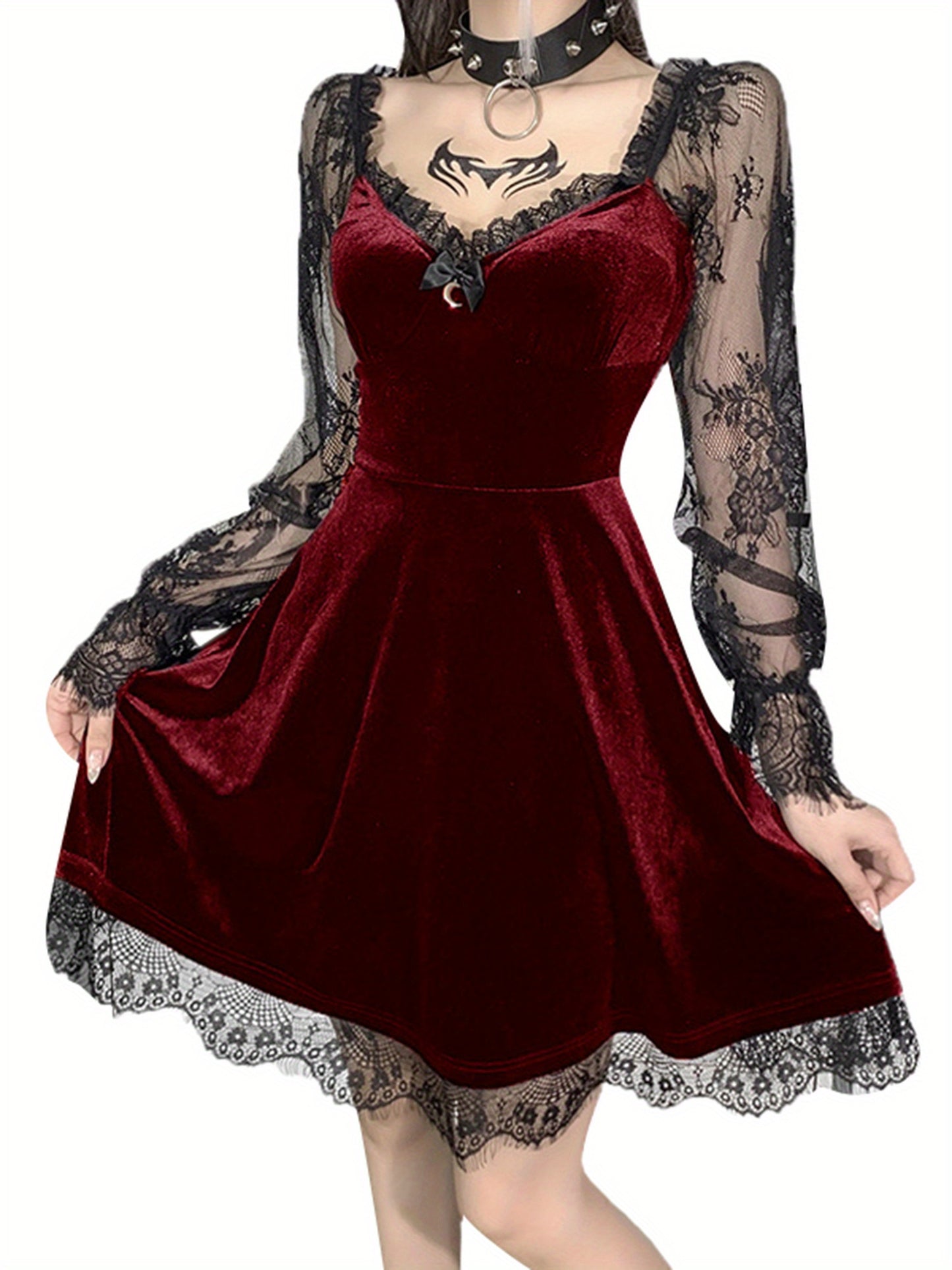 Lady Dark Elf Costume Gothic Style Lace Dress Vintage Fashion Black and Red S-M-L