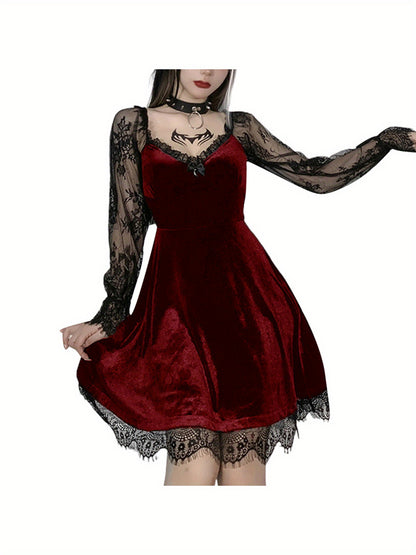 Lady Dark Elf Costume Gothic Style Lace Dress Vintage Fashion Black and Red S-M-L