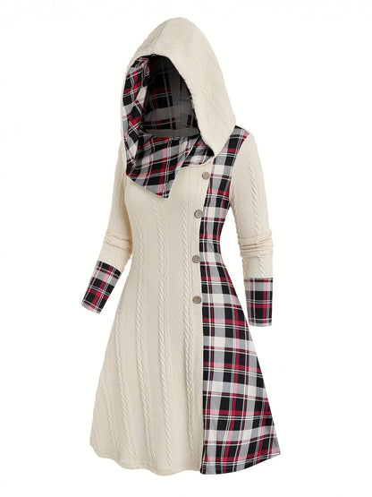 Plus Size Women's Plaid Hooded Dress - Casual Long Sleeve Button Decor Clothing for Curvy Ladies