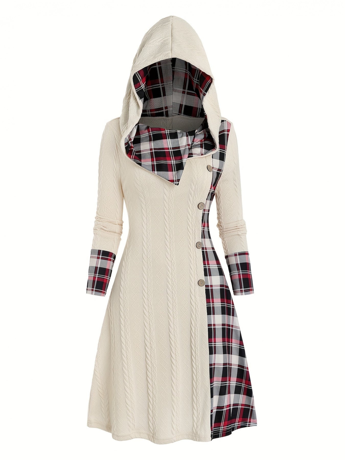 Plus Size Women's Plaid Hooded Dress - Casual Long Sleeve Button Decor Clothing for Curvy Ladies