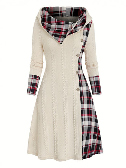 Plus Size Women's Plaid Hooded Dress - Casual Long Sleeve Button Decor Clothing for Curvy Ladies