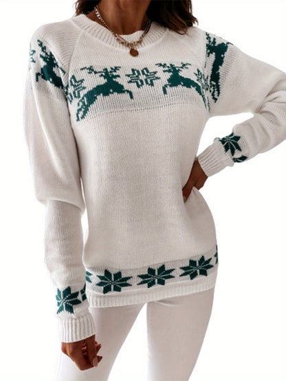 Women's Christmas Round Neck Sweaters, Long Sleeve Elk Snowflake Print Loose Knit Tops