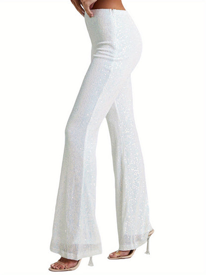 Womens Spring Autumn Slim Flared Pants High Waist Elastic Band Sequins Bell-bottom Pants
