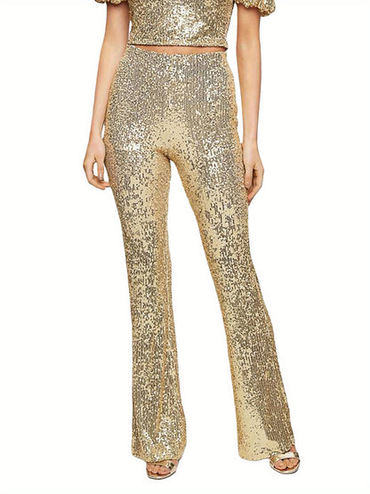 Womens Spring Autumn Slim Flared Pants High Waist Elastic Band Sequins Bell-bottom Pants