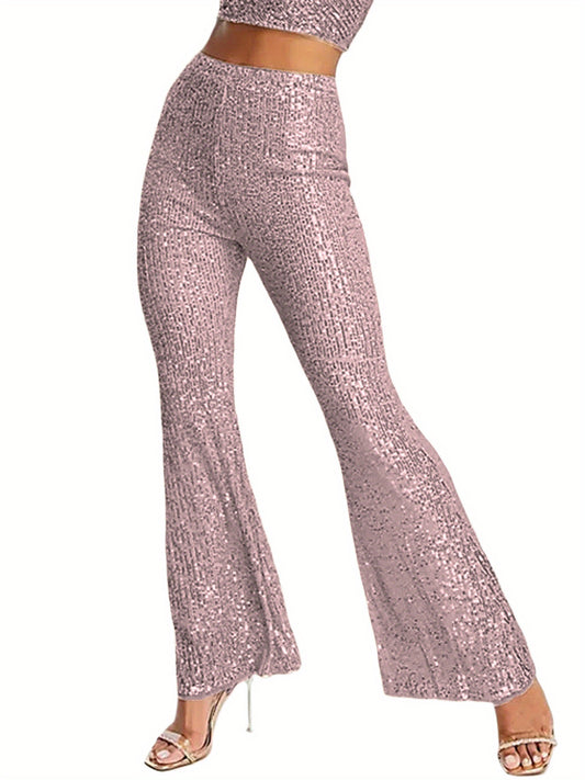 Womens Spring Autumn Slim Flared Pants High Waist Elastic Band Sequins Bell-bottom Pants