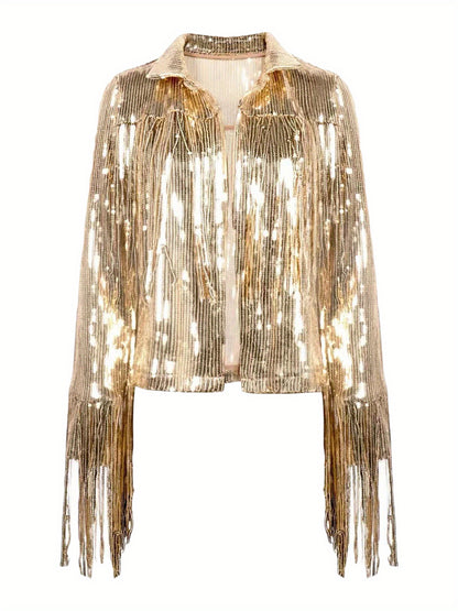 Women's Plus Size Sequin Party Jackets Trendy Sparkly Long Sleeve Open Front Tassel Jackets Clubwear