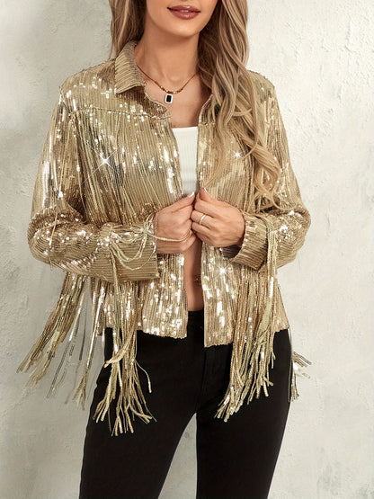 Women's Plus Size Sequin Party Jackets Trendy Sparkly Long Sleeve Open Front Tassel Jackets Clubwear