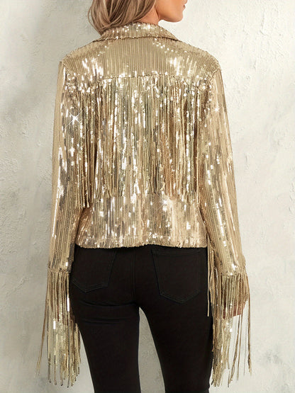 Women's Plus Size Sequin Party Jackets Trendy Sparkly Long Sleeve Open Front Tassel Jackets Clubwear