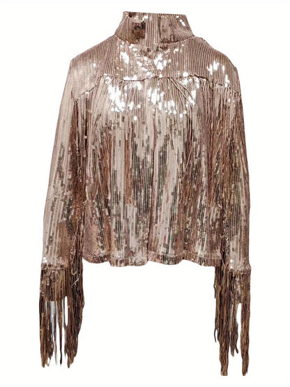 Women's Plus Size Sequin Party Jackets Trendy Sparkly Long Sleeve Open Front Tassel Jackets Clubwear