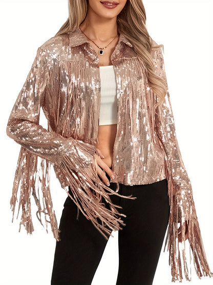 Women's Plus Size Sequin Party Jackets Trendy Sparkly Long Sleeve Open Front Tassel Jackets Clubwear